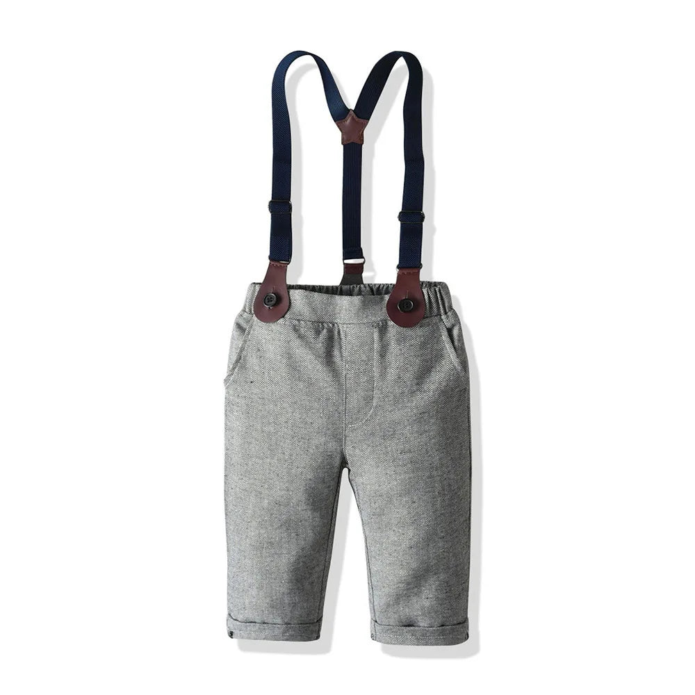 Baby Boy 3PCS Outfit Set Bow Shirt Vest and Pants Suit gray pants with navy suspenders for 0-7 years