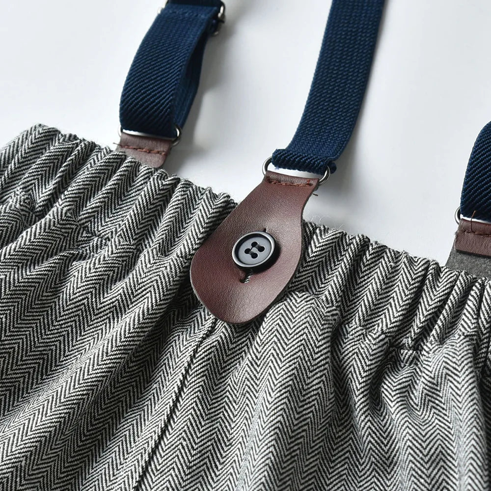 Close-up of Baby Boy 3PCS Outfit Set Bow Shirt Vest and Pants Suit showing navy suspenders and herringbone pants details