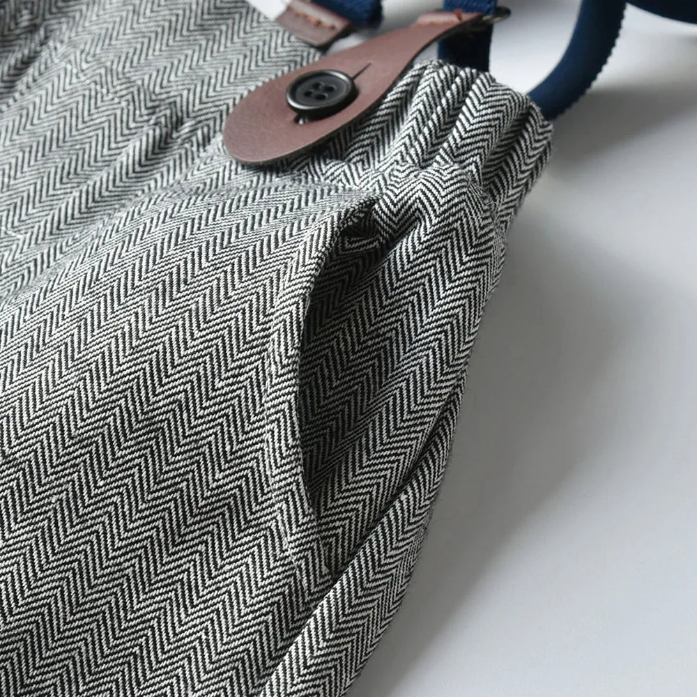 Close-up of Baby Boy 3PCS Outfit Set Bow Shirt Vest and Pants Suit for 0-7 Years showing herringbone patterned fabric and button detail