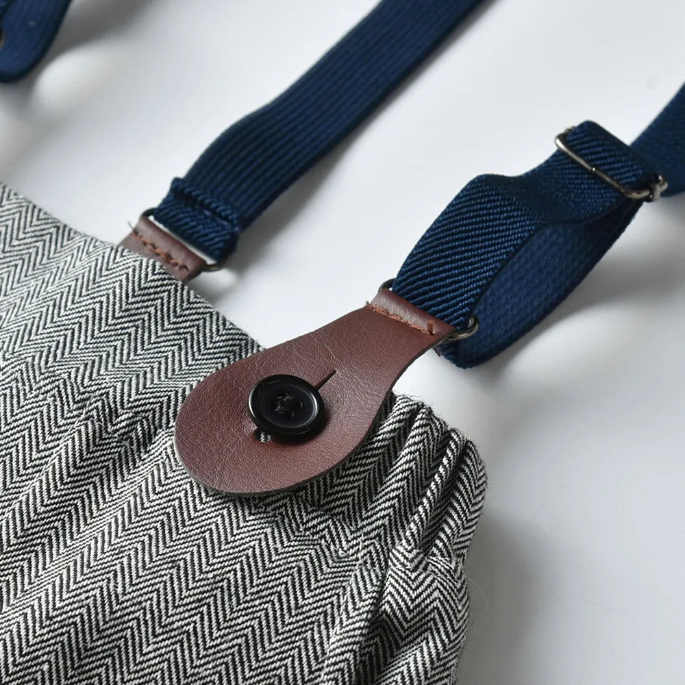 Close-up of Baby Boy 3PCS Outfit Set Bow Shirt Vest and Pants Suit for 0-7 Years showing navy suspenders with buttoned brown leather accents