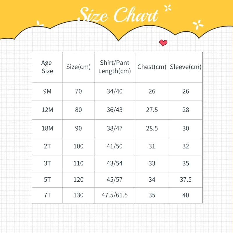 Size chart for Baby Boy 3PCS Outfit Set Bow Shirt Vest and Pants Suit for 0-7 Years with measurements in cm