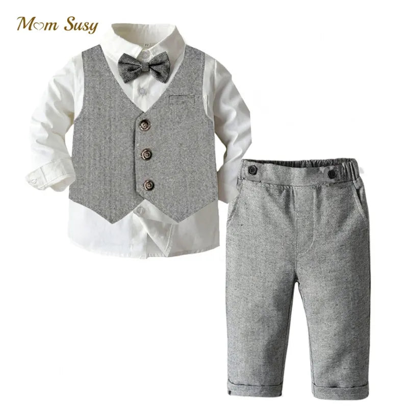 Baby Boy 3PCS Outfit Set Bow Shirt Vest and Pants Suit for 0-7 Years in gray and white by Yamza Tots' Closet