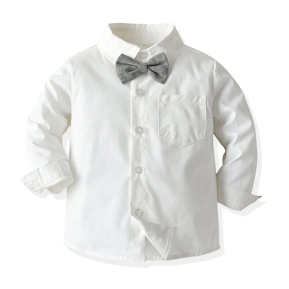 Baby Boy 3PCS Outfit Set Bow Shirt Vest and Pants Suit for 0-7 Years with white shirt and gray bow tie