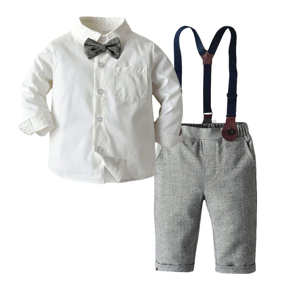 Baby Boy 3PCS Outfit Set Bow Shirt Vest and Pants Suit for 0-7 Years in white shirt with bow tie and gray pants with suspenders