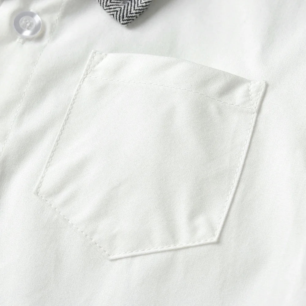 Close-up of white pocket detail on Baby Boy 3PCS Outfit Set Bow Shirt Vest and Pants Suit for 0-7 Years