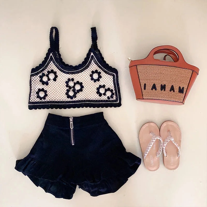 Fashion Baby Girl Knitted Set Strap Flower Vest and Shorts 2PCS Summer Suit with black shorts hat and sandals