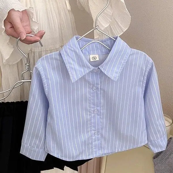 Fashion Baby Girl Set Shirt Vest and Pleated Skirt Toddler Outfit 2PCS in light blue striped shirt