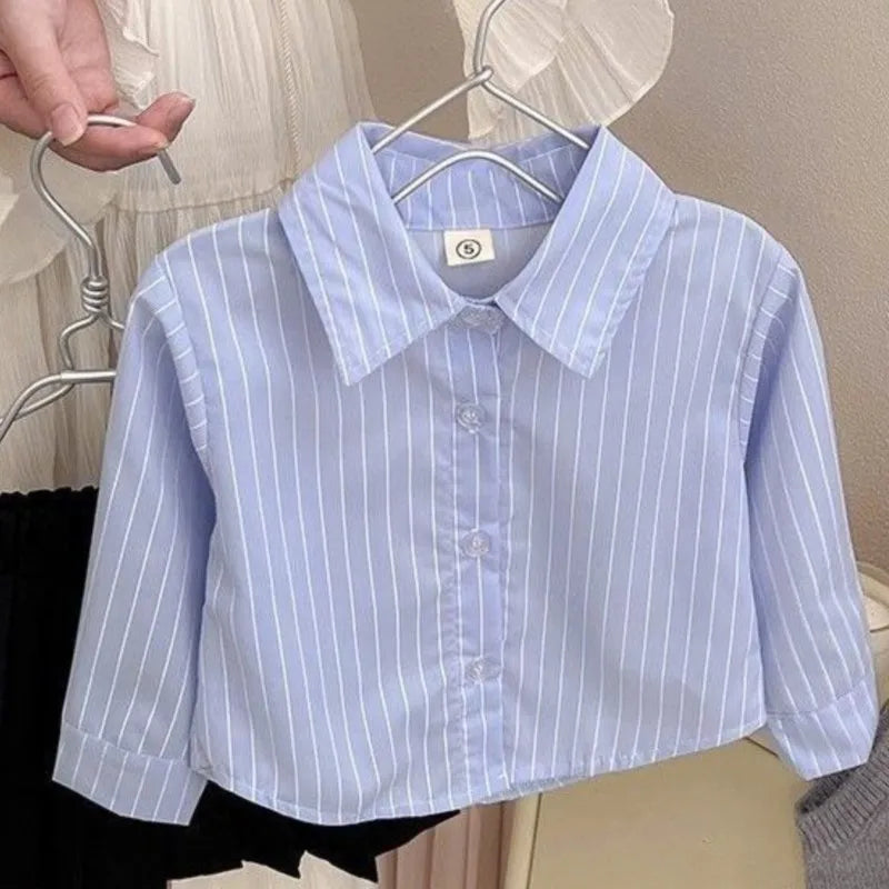 Fashion Baby Girl Set Shirt Vest and Pleated Skirt Toddler Outfit 2PCS light blue striped shirt on hanger