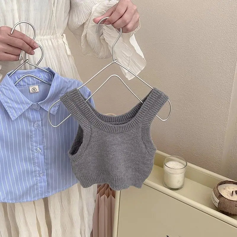 Fashion Baby Girl Set Shirt Vest and Pleated Skirt Toddler Outfit 2PCS in gray knit vest and blue striped shirt