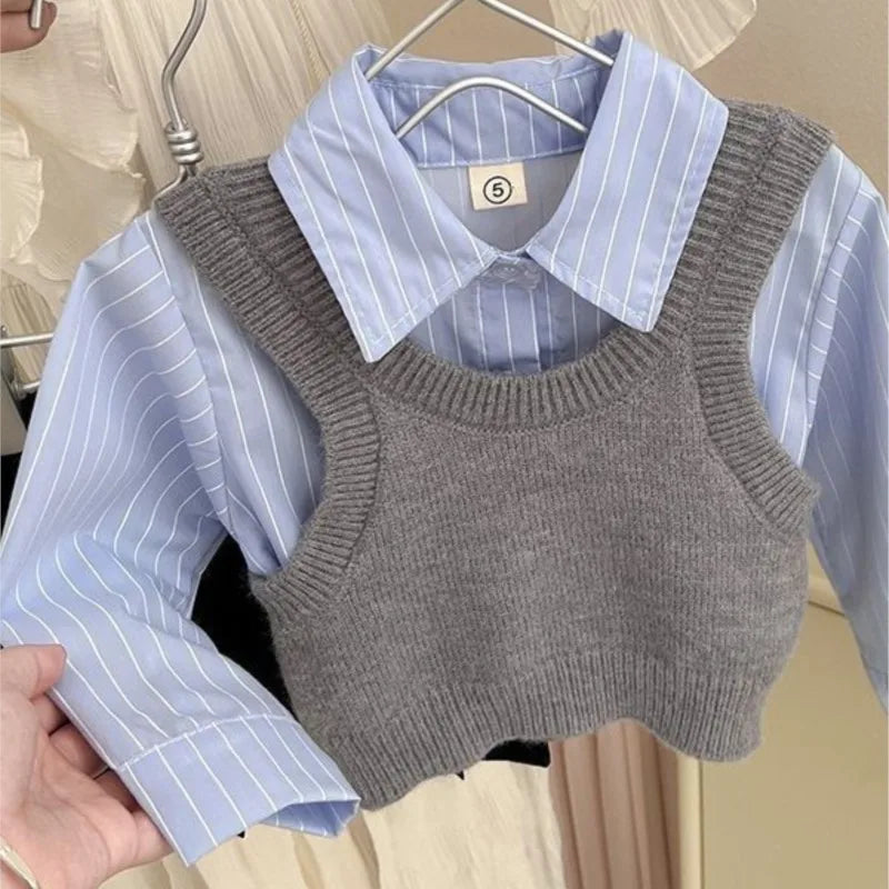 Fashion Baby Girl Set Shirt Vest and Pleated Skirt Toddler Outfit 2PCS with blue striped shirt and gray knit vest 