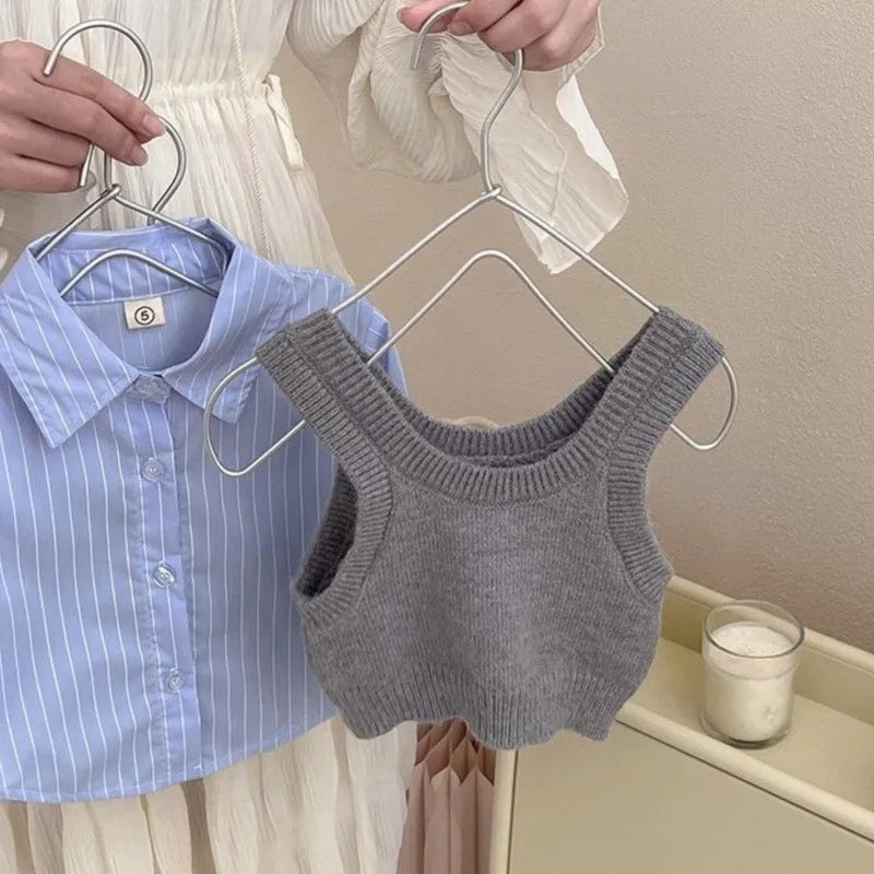 Fashion Baby Girl Set Shirt Vest and Pleated Skirt Toddler Outfit 2PCS with blue striped shirt and gray knit vest