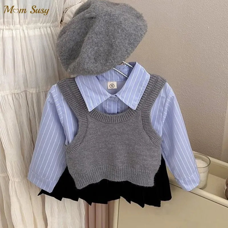Fashion Baby Girl Set Shirt Vest and Pleated Skirt Toddler Outfit 2PCS in gray and blue by Yamza Tots' Closet