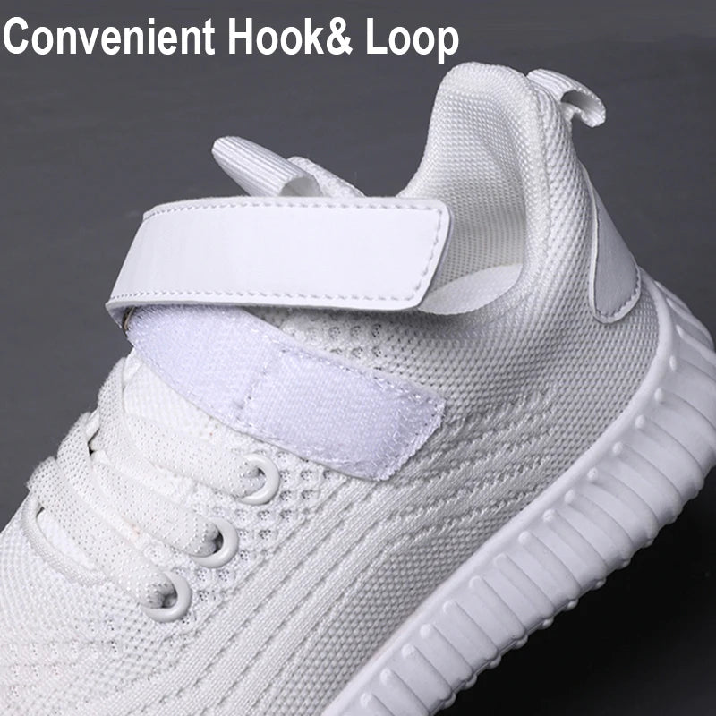 Fashion Kids Boy Running Sport Black Sneakers Outdoor Lightweight Breathable white sneaker with convenient hook and loop closure