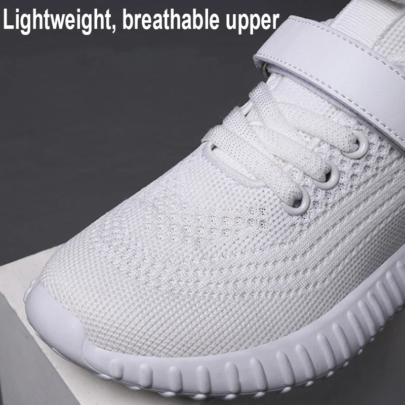 Fashion Kids Boy Running Sport Black Sneakers Outdoor Lightweight Breathable with white mesh upper and secure laces