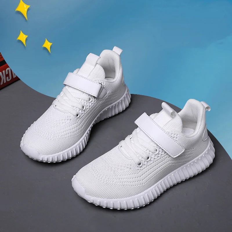 Fashion Kids Boy Running Sport Black Sneakers Outdoor Lightweight Breathable in white color with velcro strap