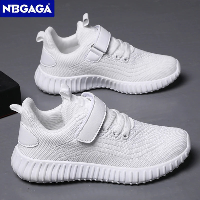 Fashion Kids Boy Running Sport Black Sneakers Outdoor Lightweight Breathable style in white color with velcro strap