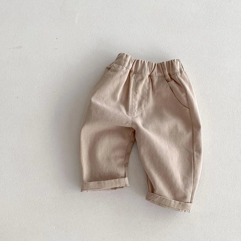 New Autumn Kids Casual Striped Trousers Denim Jeans Pants for Boys and Girls in beige with elastic waist and rolled cuffs