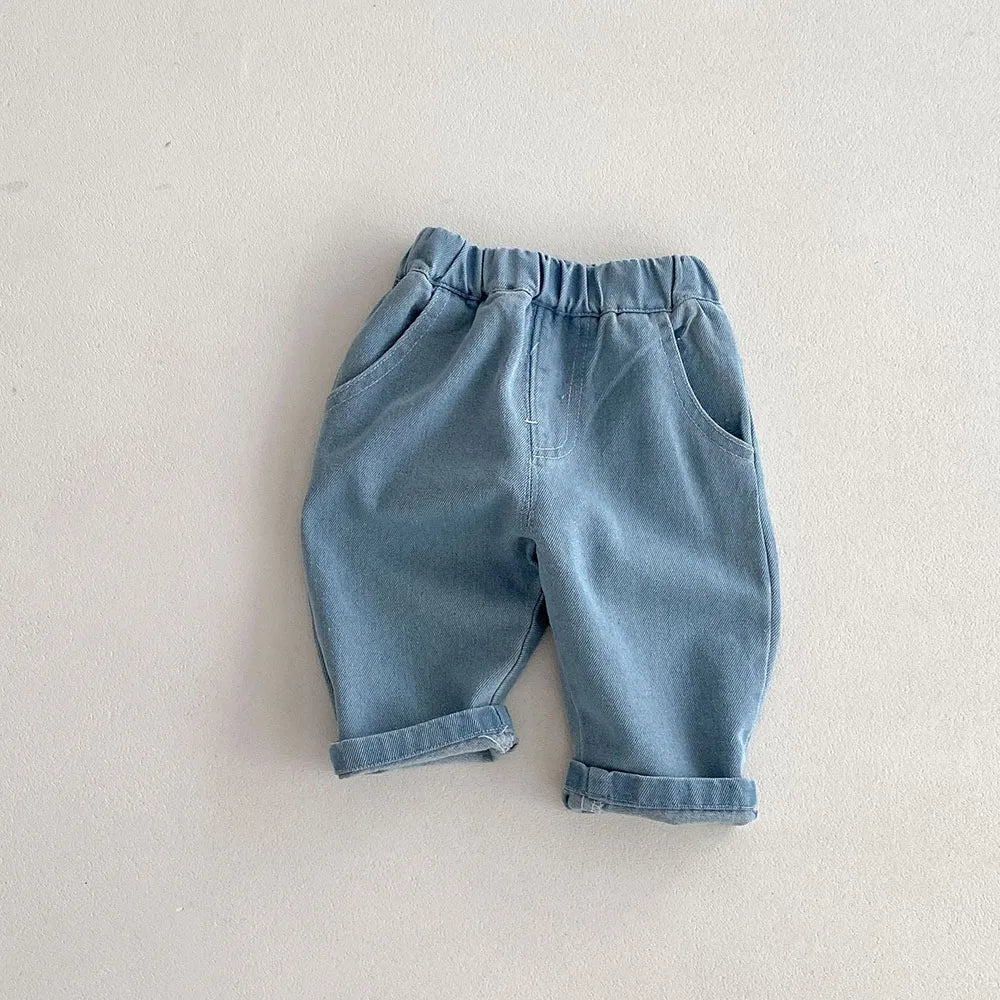 New Autumn Kids Casual Striped Trousers Denim Jeans Pants for Boys and Girls in light blue with rolled cuffs