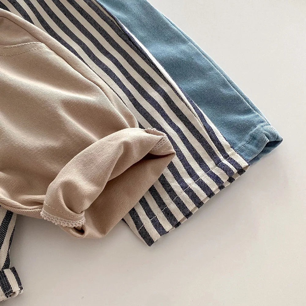New Autumn Kids Casual Striped Trousers Denim Jeans Pants for Boys and Girls folded in beige, striped, and blue colors