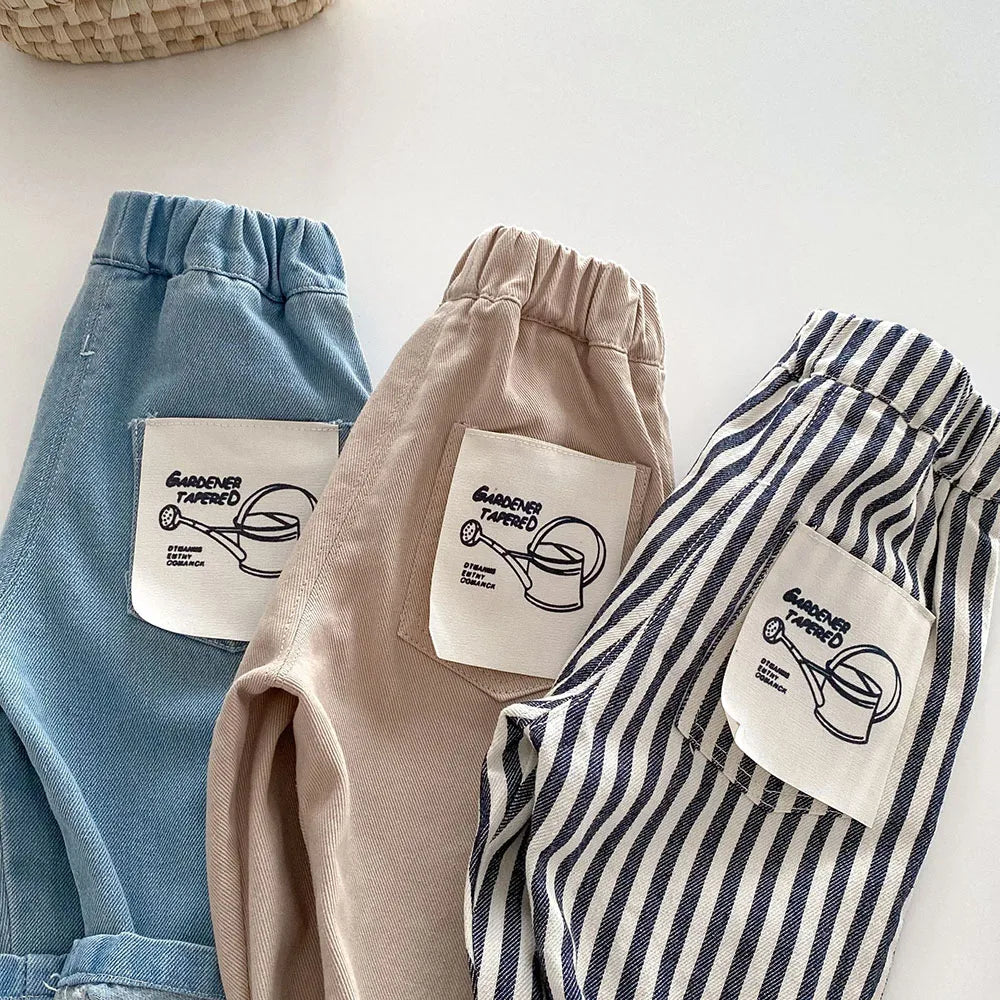 New Autumn Kids Casual Striped Trousers Denim Jeans Pants for Boys and Girls in blue beige and striped designs 