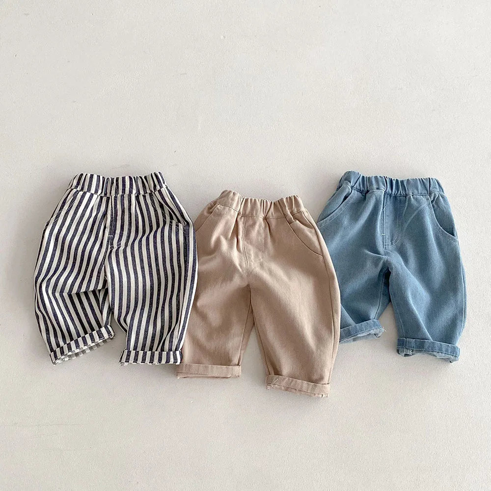 New Autumn Kids Casual Striped Trousers Denim Jeans Pants for Boys and Girls in striped, beige, and blue colors