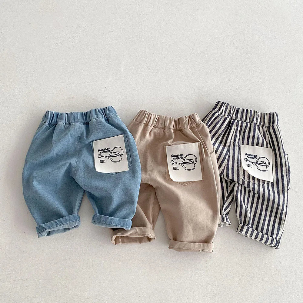 New Autumn Kids Casual Striped Trousers Denim Jeans Pants for Boys and Girls in blue, beige, and striped patterns