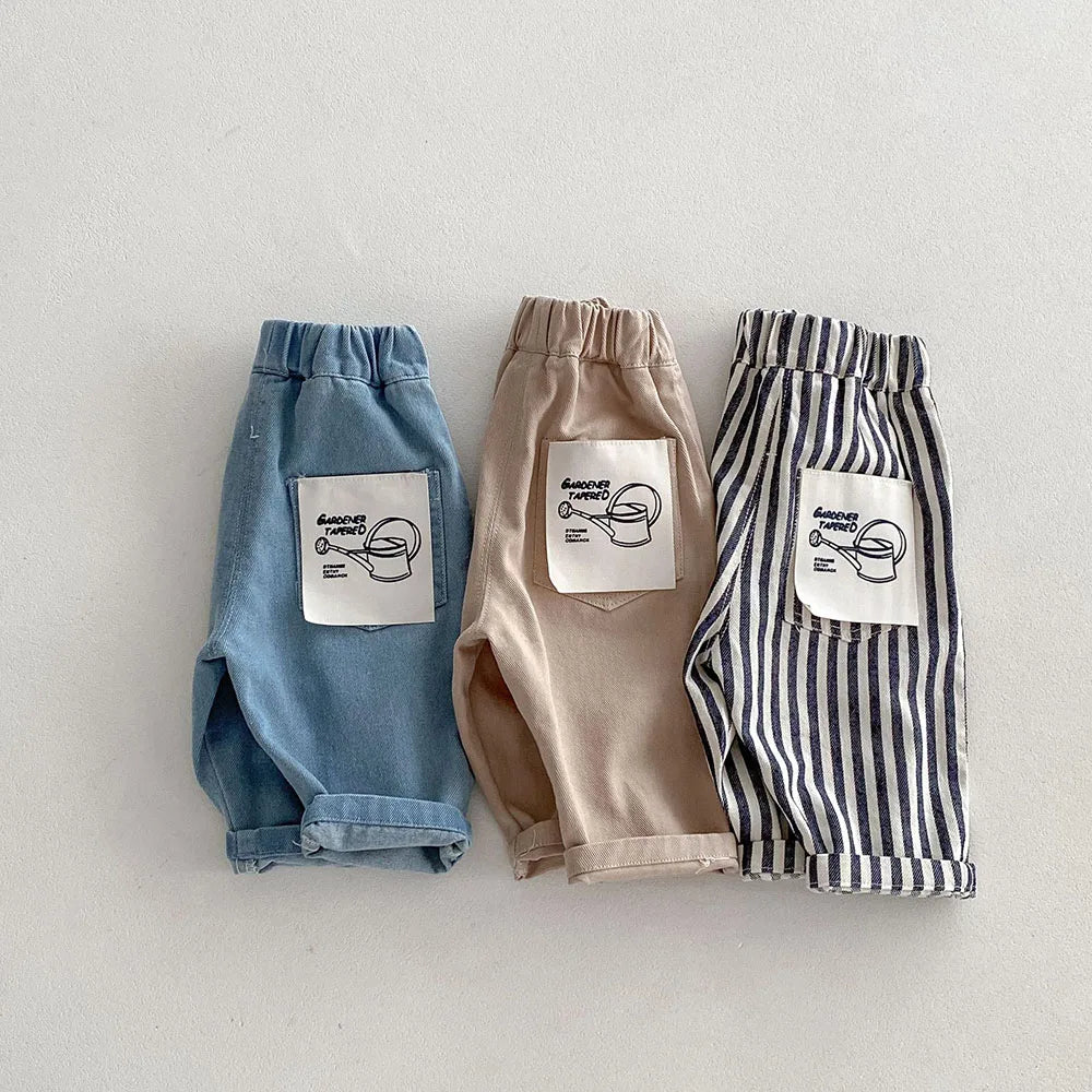 New Autumn Kids Casual Striped Trousers Denim Jeans Pants for Boys and Girls in blue beige and striped designs