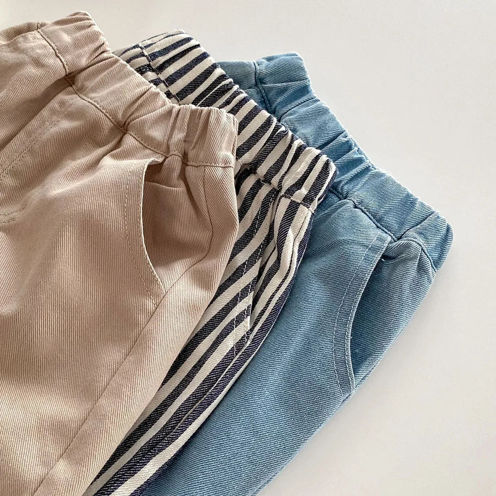 New Autumn Kids Casual Striped Trousers Denim Jeans Pants for Boys and Girls in beige, striped, and blue colors