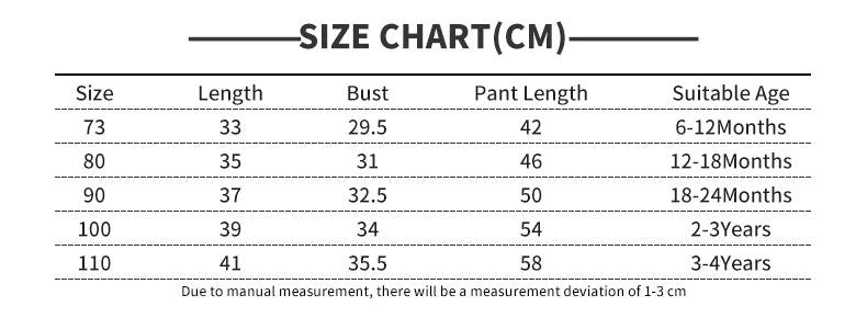 Size chart in centimeters for New Baby Clothes Suits Cotton Newborn Pullover Top and Trousers Set Boy Girl from Yamza Tots' Closet
