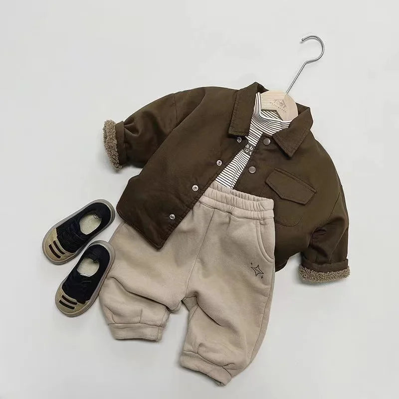 New Boy Jackets Fleece Kids Coats Fashion Children Outerwear for Winter Autumn brown jacket with beige pants and black shoes