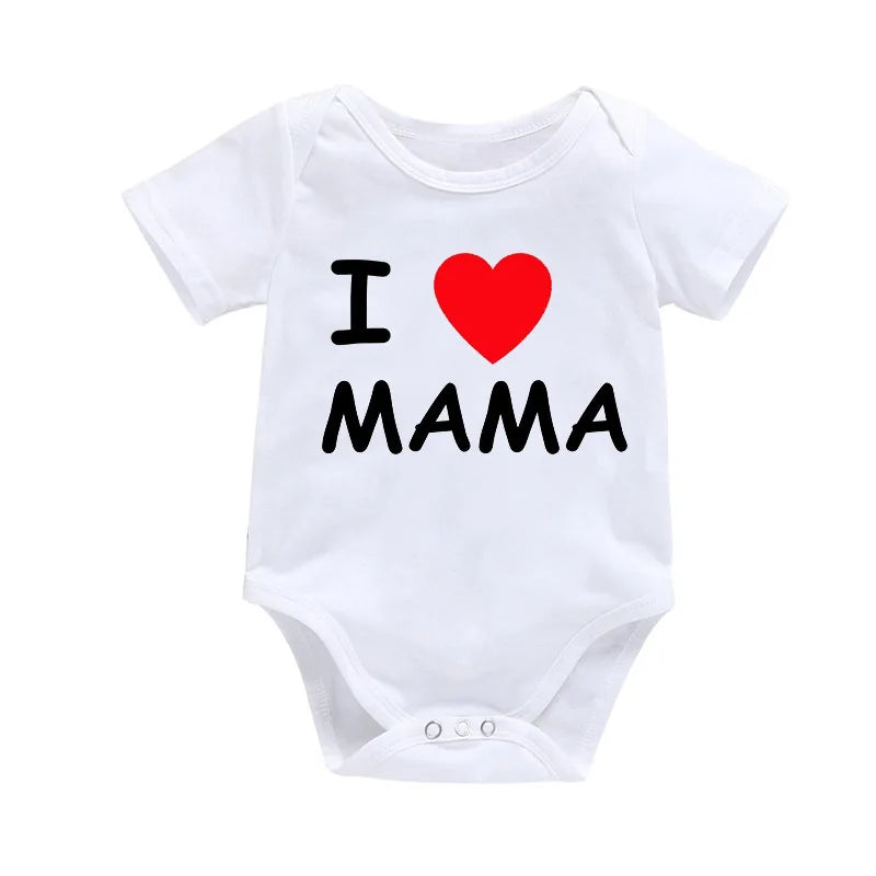 Newborn Baby Clothes Breathable Cotton Short Sleeve Romper I Love PAPA MAMA in white with heart design