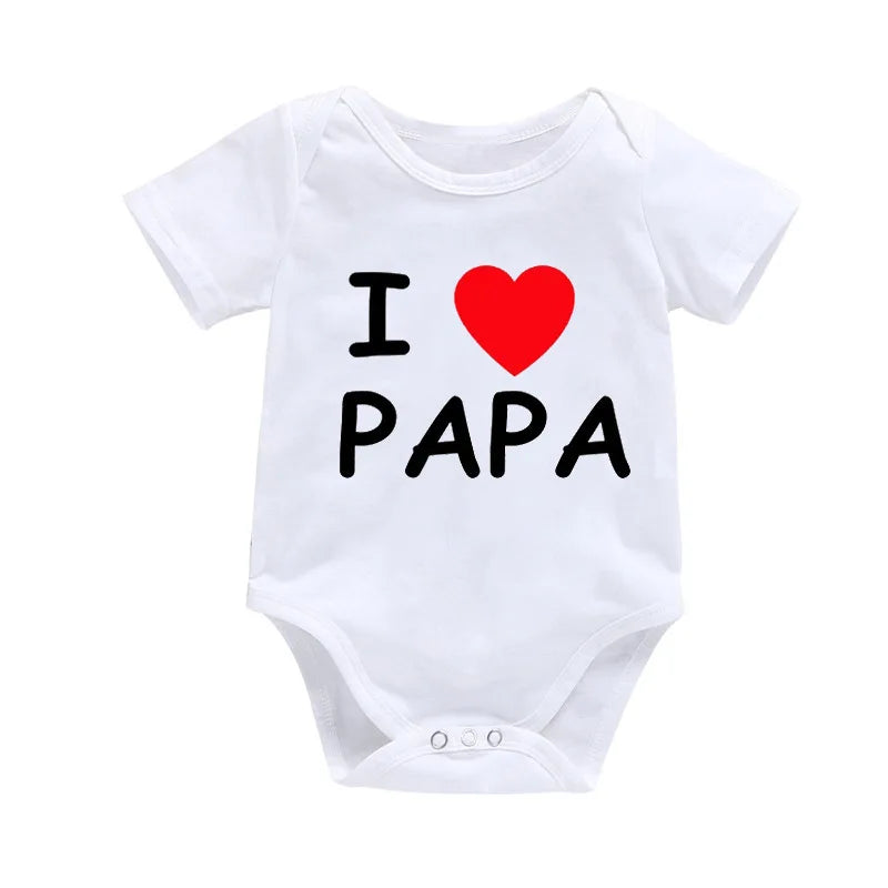 Newborn Baby Clothes Breathable Cotton Short Sleeve Romper I Love PAPA MAMA white with red heart design