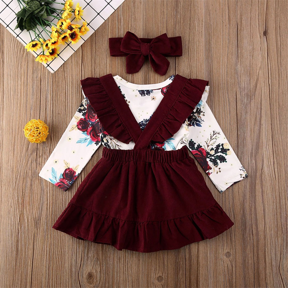 Newborn Baby Girl Floral Bodysuit Set with Suspender Skirt and Bow Headband in burgundy and white   
