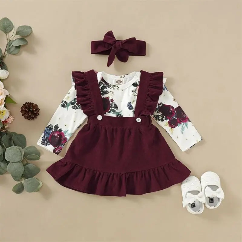 Newborn Baby Girl Floral Bodysuit Set with Suspender Skirt and Bow Headband in burgundy and white     