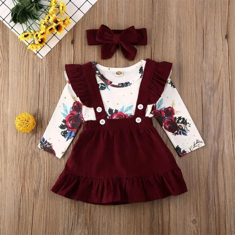 Newborn Baby Girl Floral Bodysuit Set with Suspender Skirt and Bow Headband in burgundy and floral print