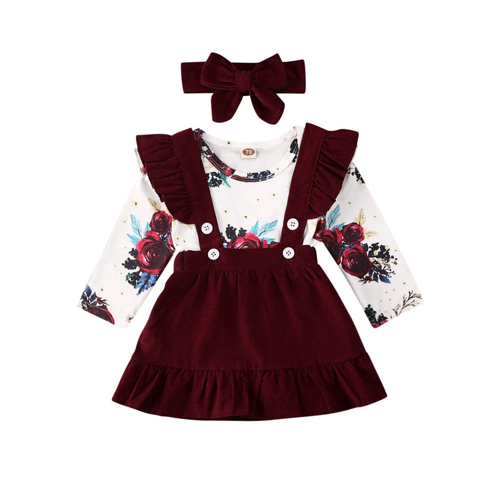 Newborn Baby Girl Floral Bodysuit Set with Suspender Skirt and Bow Headband in burgundy and floral print 