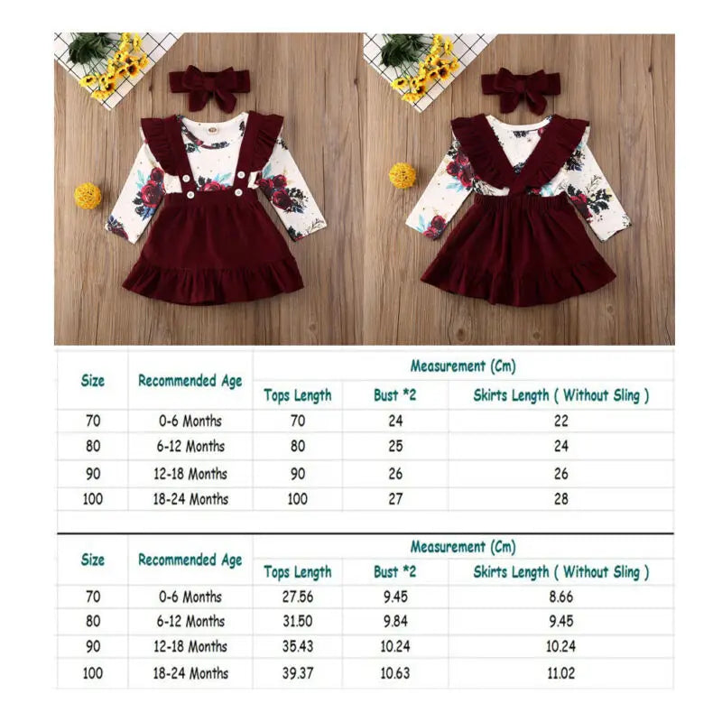 Newborn Baby Girl Floral Bodysuit Set with Suspender Skirt and Bow Headband in burgundy and white    