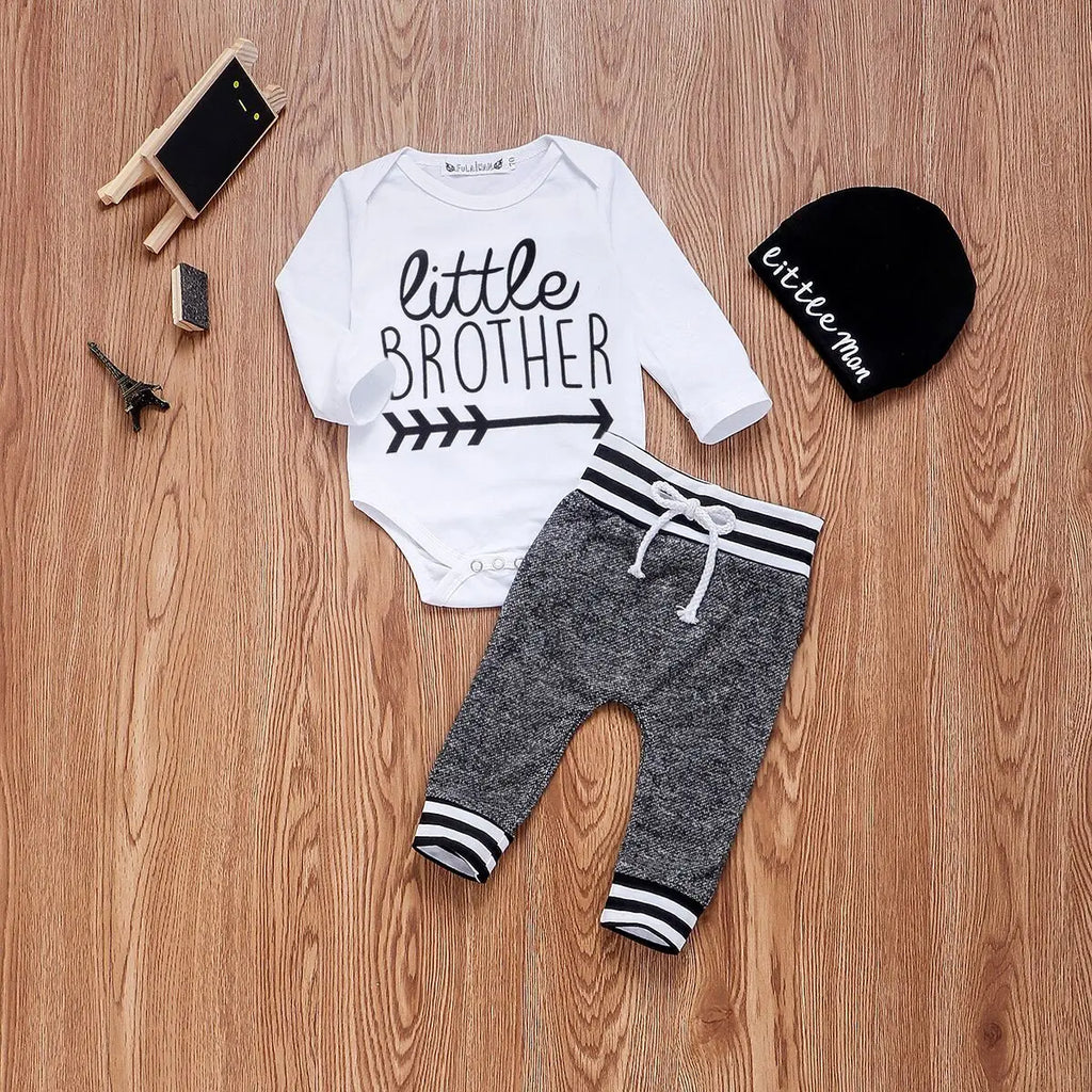 Newborn Infant Baby Boy Cotton Set Long Sleeve Romper Pants and Hat Outfit with little brother print
