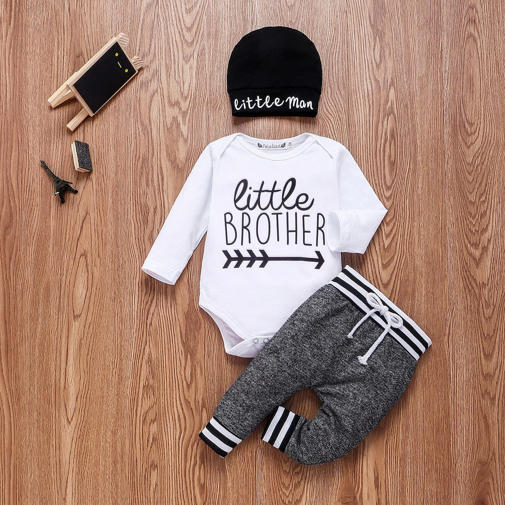 Newborn Infant Baby Boy Cotton Set Long Sleeve Romper Pants and Hat Outfit with little brother and little man text