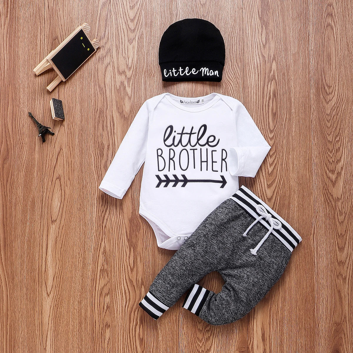 Newborn Infant Baby Boy Cotton Set Long Sleeve Romper Pants and Hat Outfit with little brother and little man text