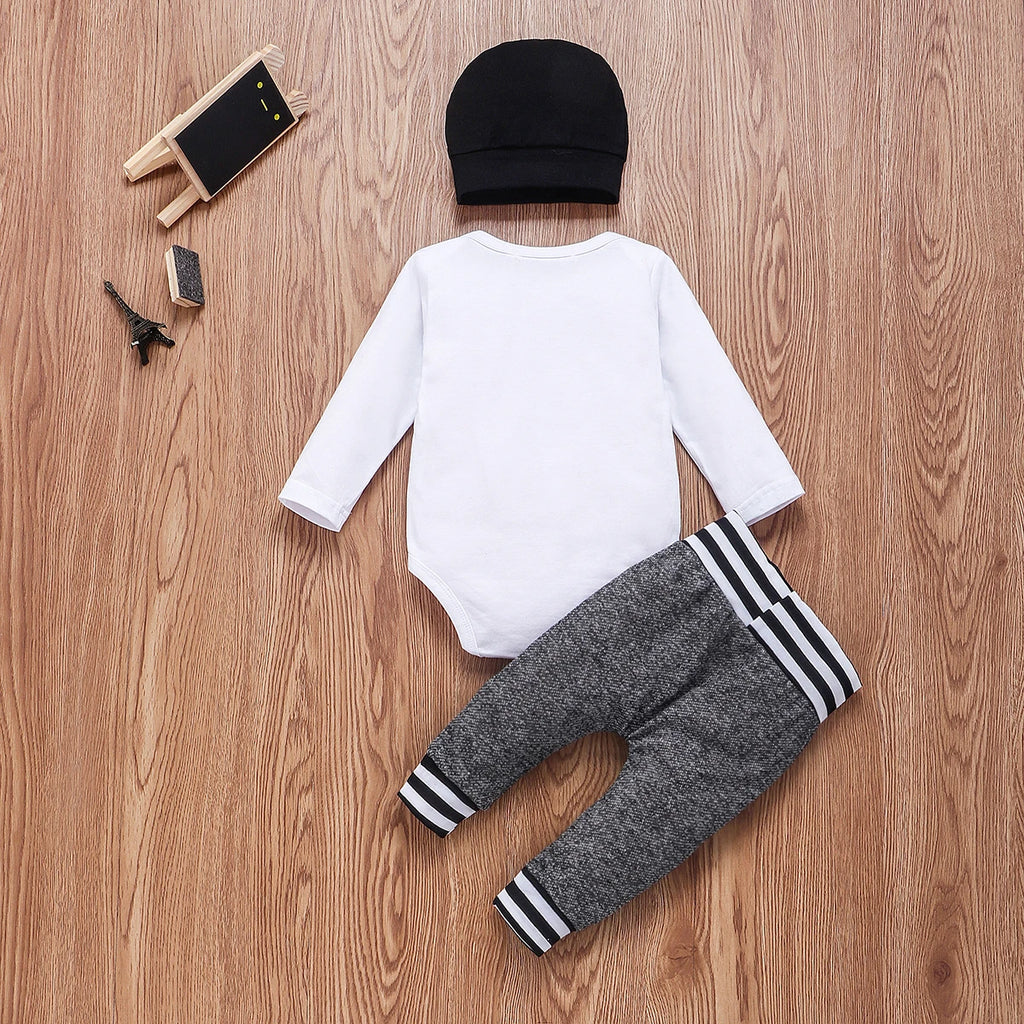 Newborn Infant Baby Boy Cotton Set Long Sleeve Romper Pants and Hat Outfit in white and gray
