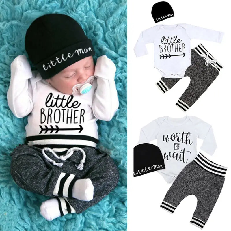 Newborn Infant Baby Boy Cotton Set Long Sleeve Romper Pants and Hat Outfit with little brother design