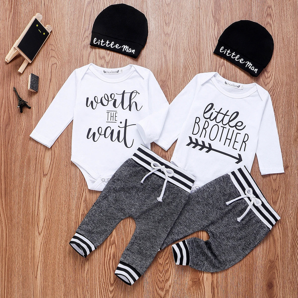 Newborn Infant Baby Boy Cotton Set Long Sleeve Romper Pants and Hat Outfit with Worth the Wait and Little Brother designs