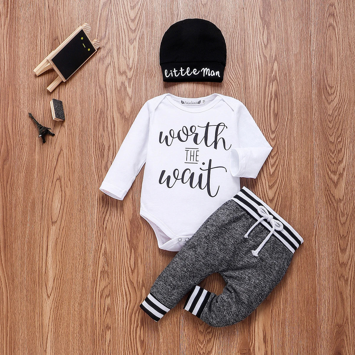 Newborn Infant Baby Boy Cotton Set Long Sleeve Romper Pants and Hat Outfit with worth the wait design