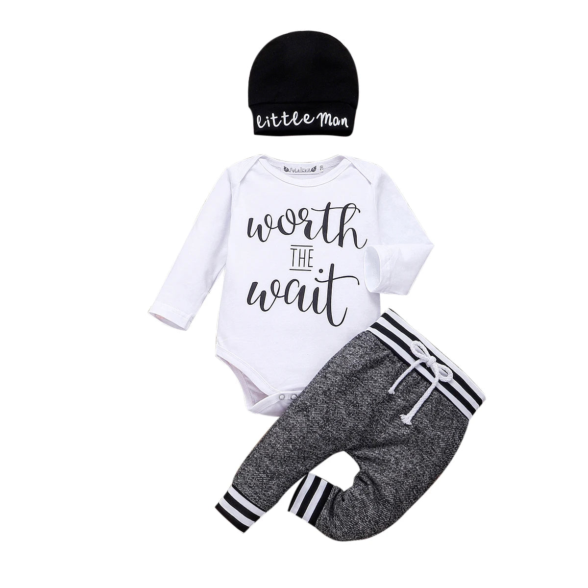 Newborn Infant Baby Boy Cotton Set Long Sleeve Romper Pants and Hat Outfit with black hat and gray striped pants