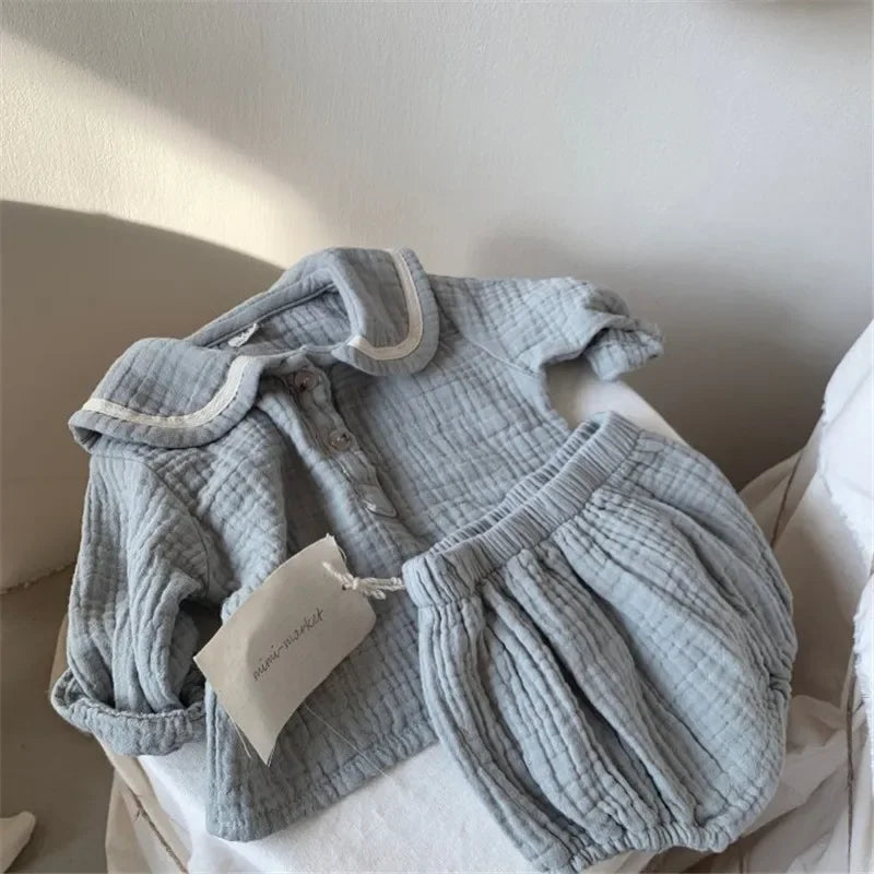 Organic Cotton Baby Boy Outfit Navy Shirt & Bloomers 2pcs Set soft textured fabric with collar and elastic waist
