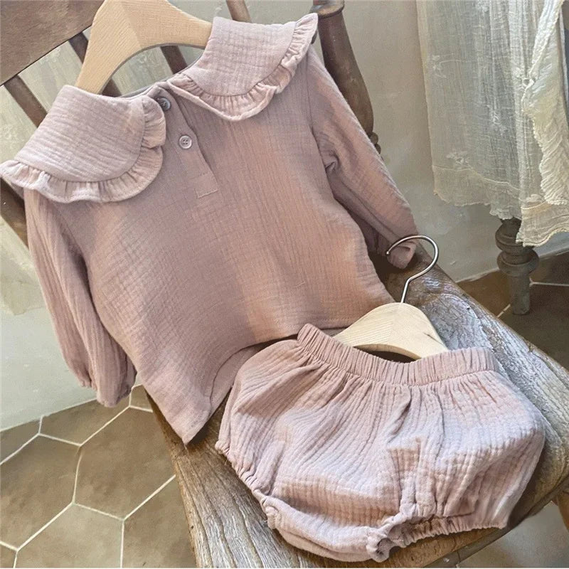 Organic Cotton Baby Boy Outfit Navy Shirt & Bloomers 2pcs Set in soft pink fabric with ruffled collar and elastic bloomers