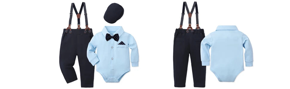 Baby boys' formal outfit set with blue bodysuit, bow tie, pants, suspenders, and hat for special occasions.