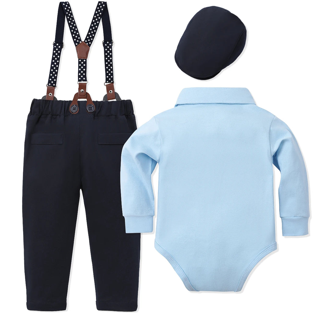 Baby boys' outfit with navy pants, blue shirt, suspenders, and cap for special occasions like Easter or birthday parties.