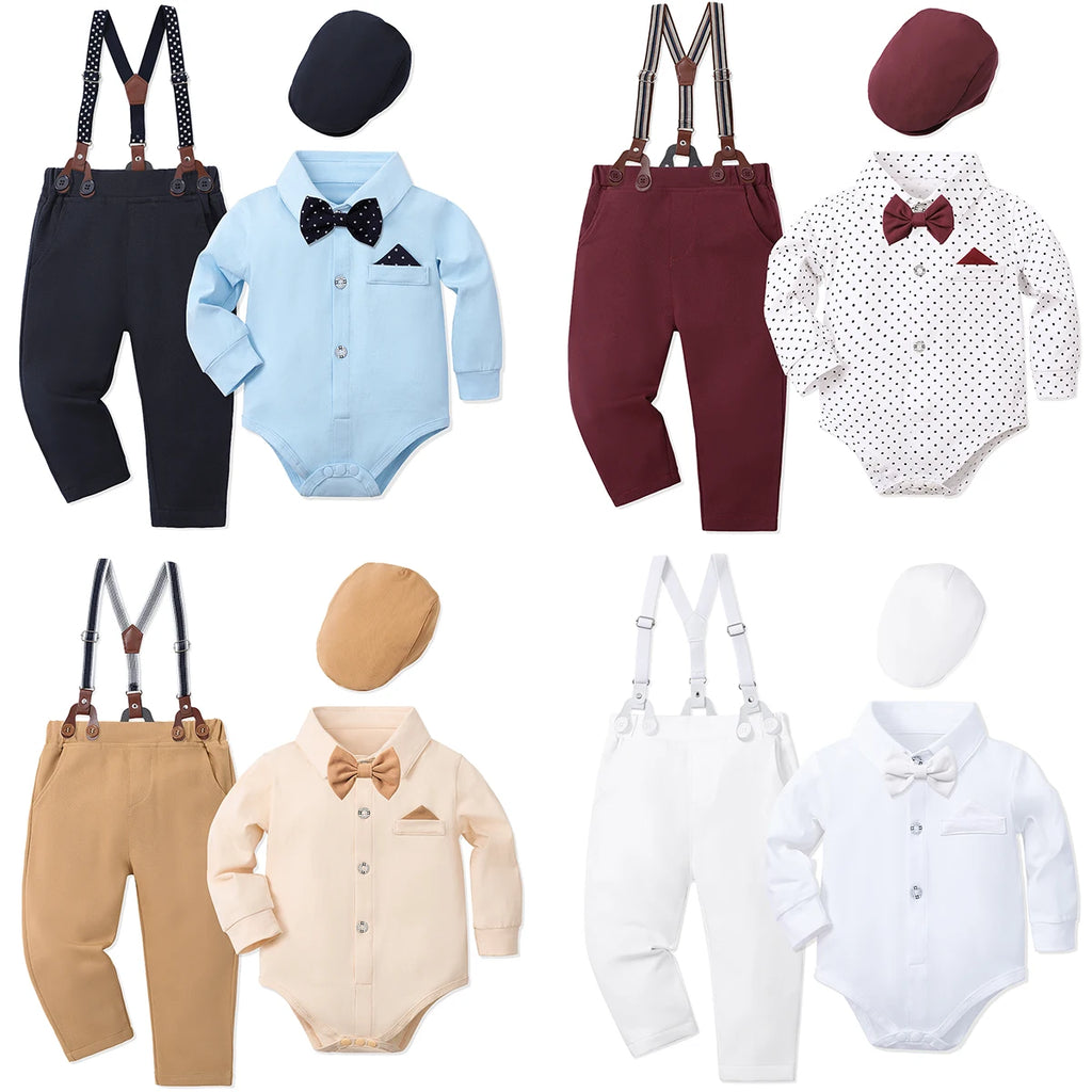Adorable baby boy clothing sets with bow ties, suspenders, and hats in various colors for special occasions.